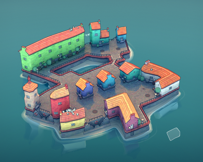 A colourful town made in Townscaper with 11 houses in a range of colours, including green, blue, red, yellow, purple and white.